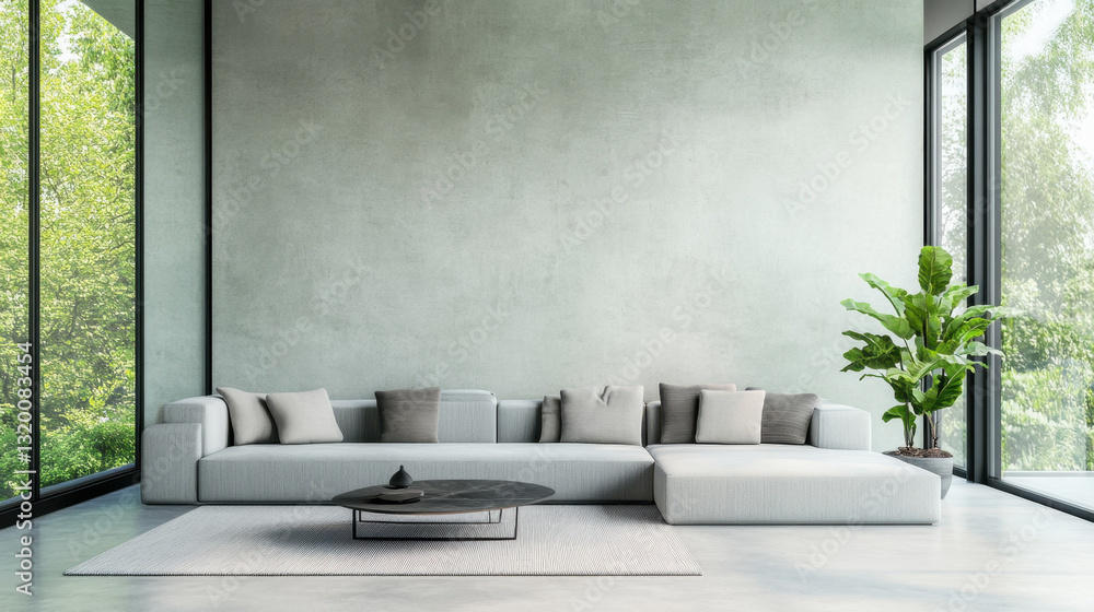 © cinta - Modern Minimalist Living Room with Spacious Windows and Greenery © cinta - Modern Minimalist Living Room with Spacious Windows and Greenery