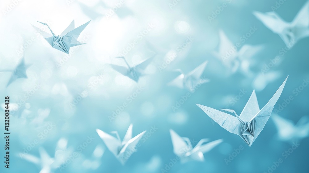 Soft Blue Gradient Sky with Fluffy White Clouds and Drift of Origami Birds Floating in Peaceful Atmosphere Soft Blue Gradient Sky with Fluffy White Clouds and Drift of Origami Birds Floating in Peaceful Atmosphere