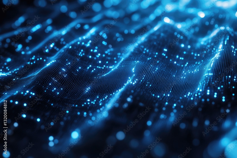 A backdrop of technological elements is created by particles that glow with a blue light, forming a line pattern. A backdrop of technological elements is created by particles that glow with a blue light, forming a line pattern.