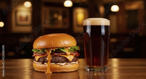 Juicy Cheeseburger and Pint of Dark Beer on Wooden Table in Pub Setting
