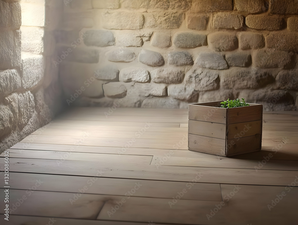 Obraz premium Rustic Wooden Box with Greenery sits on Light Wooden Floor against a Stone Wall Background, Illuminated by Soft Sunlight.