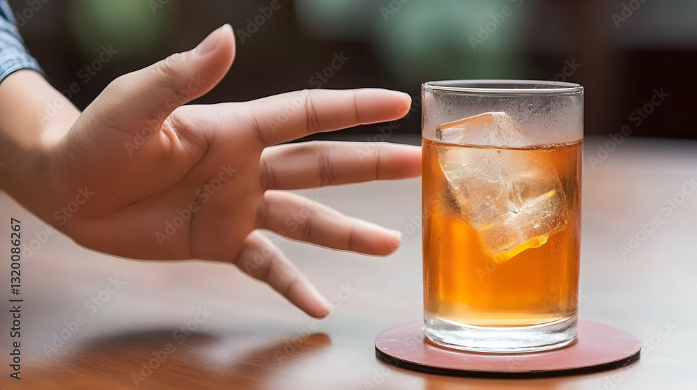 A Hand Reaches for a Glass of Iced Tea on a Wooden Table; Refreshing Summer Beverage Photography A Hand Reaches for a Glass of Iced Tea on a Wooden Table; Refreshing Summer Beverage Photography