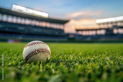 A baseball resting on lush green grass in a stadium during sunset. Stadium lights illuminate the scene, with the sky in view. The atmosphere is charged with energy from the thrilling sporting event.