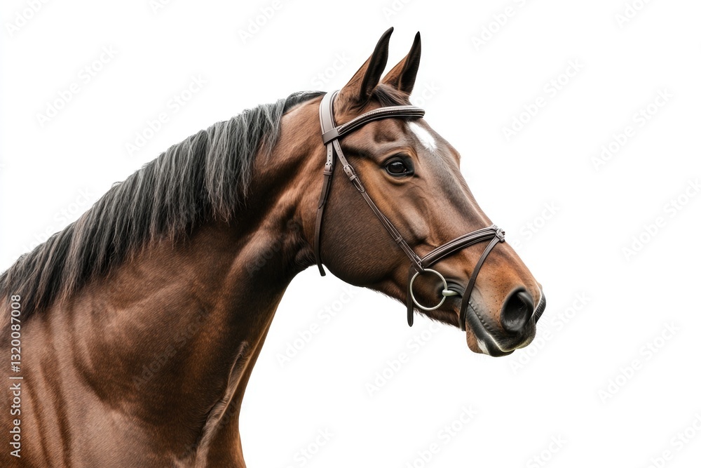 A bay horse set against a white backdrop. A bay horse set against a white backdrop.