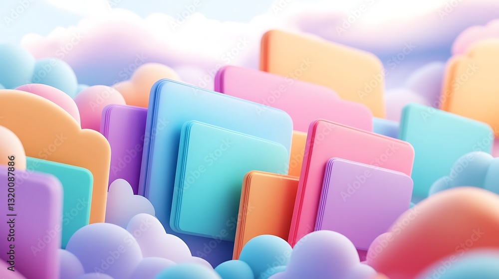 Obraz premium Colorful Folder Icons Surrounded by Soft Clouds in Digital Landscape