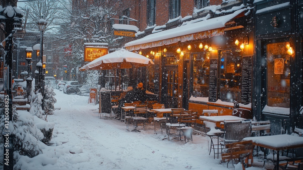 Fototapeta premium A cozy cafe and snowy street under a winter snowfall