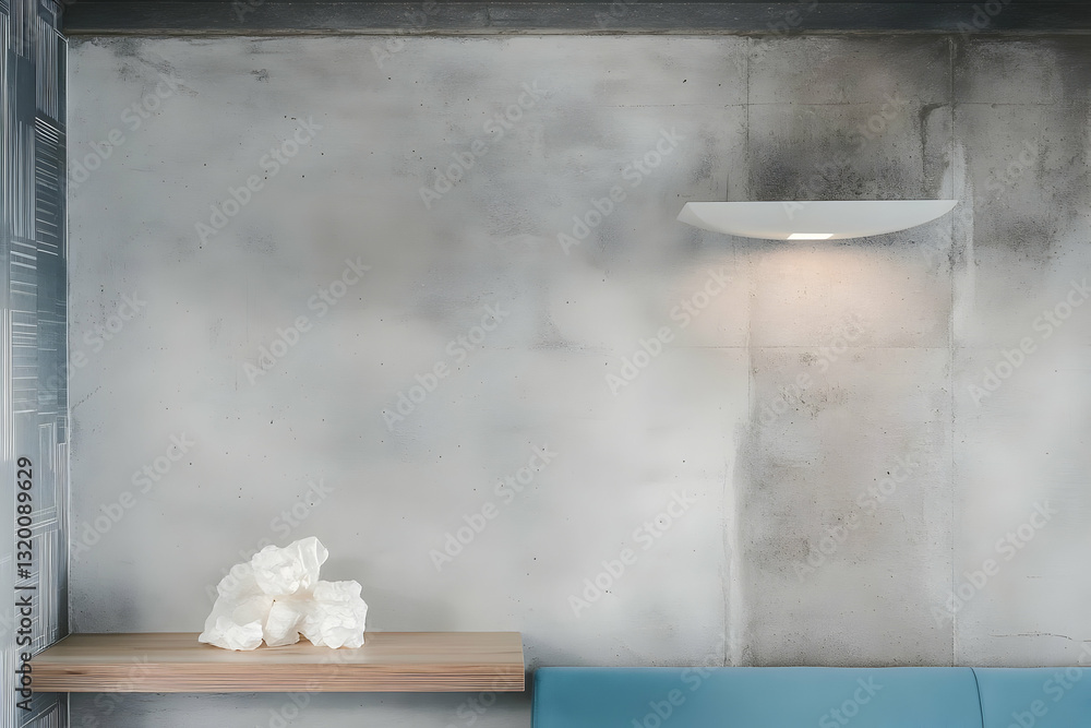 Fototapeta premium Abstract Interior Design: A White Wall with a Modern Wall Lamp, a Wooden Shelf with a White Sculpture, and a Teal Sofa