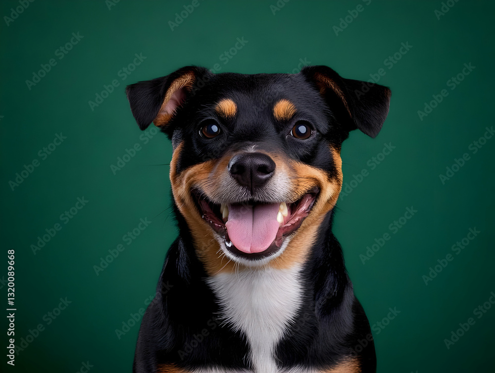 Happy tri-colored dog poses against a deep green background, showcasing its joyful expression and furry texture. Happy tri-colored dog poses against a deep green background, showcasing its joyful expression and furry texture.