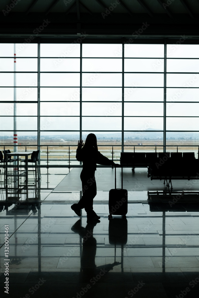 Fototapeta premium young woman against the light at the airport with travel luggage greeting very happily, copy space