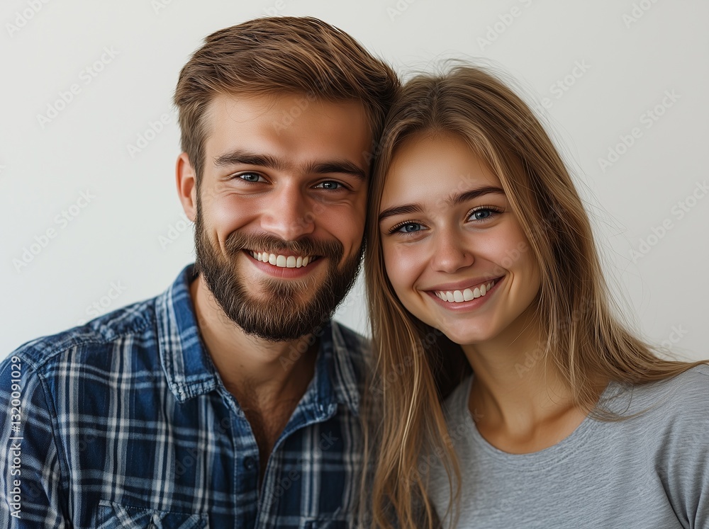 young couple smiling together in a closeup portrait against a white background young couple smiling together in a closeup portrait against a white background