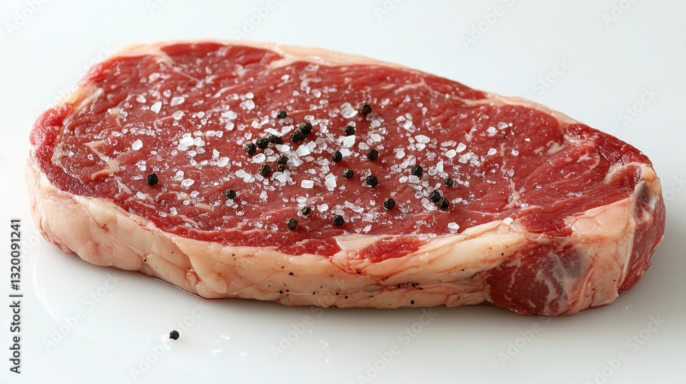 Fresh Raw Ribeye Steak with Coarse Sea Salt and Black Pepper for Culinary Preparation and Gastronomy Presentation Fresh Raw Ribeye Steak with Coarse Sea Salt and Black Pepper for Culinary Preparation and Gastronomy Presentation