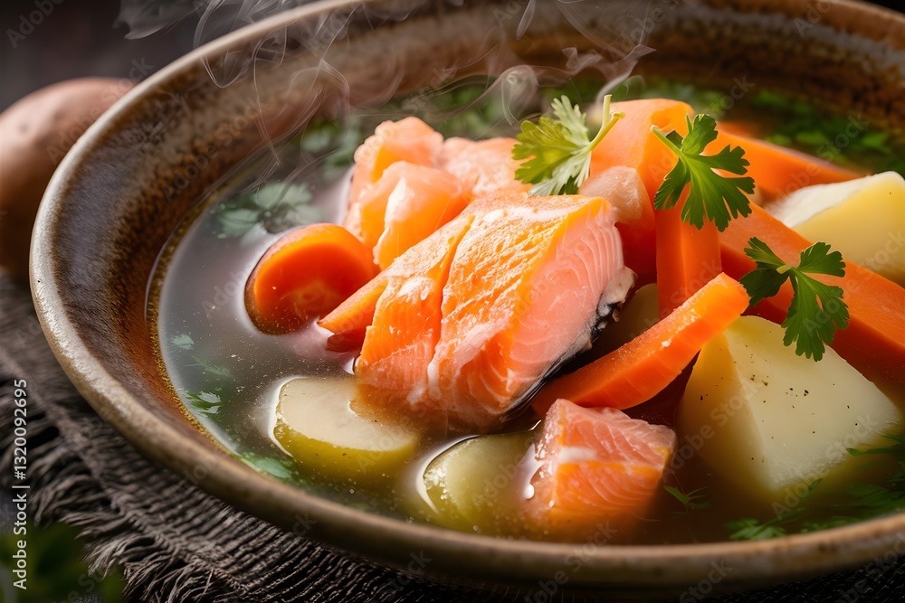 Bowl of salmon soup with vegetables including carrots potatoes and herbs in a rustic setting
Bowl of salmon soup with vegetables including carrots potatoes and herbs in a rustic setting