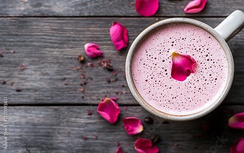 Pink Rose Latte, Coffee Drink, Floral Beverage, Rustic Background