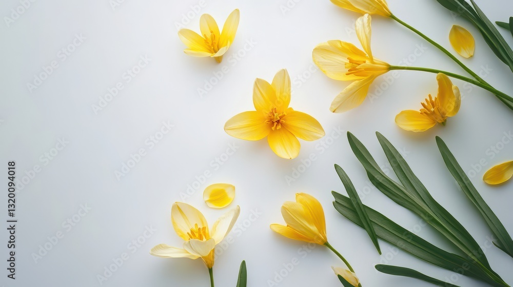 Fototapeta premium Yellow flowers scattered on a white gray background