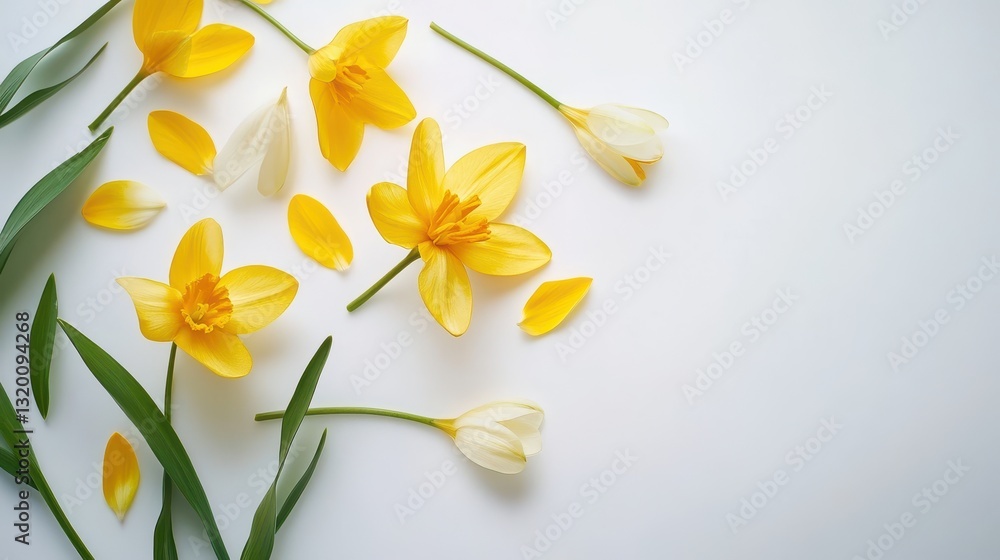 Naklejka premium Yellow flowers scattered on a white gray background 