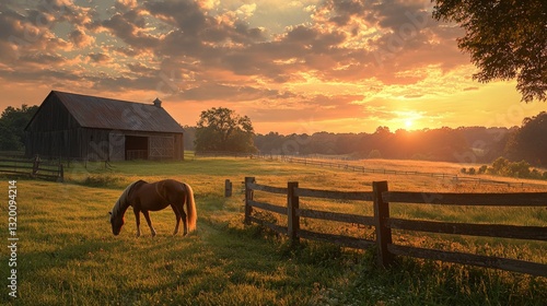 Serene Sunset Over Pasture with Horse Approaching Rustic Barn