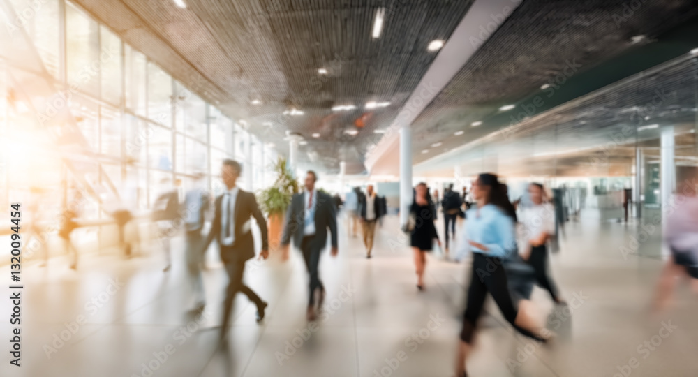 Blurred motion of diverse business professionals in a modern, bright office building with large windows and tiled floors. Blurred motion of diverse business professionals in a modern, bright office building with large windows and tiled floors.