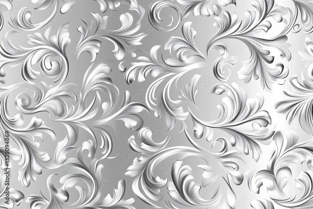 Seamless elegant silver floral pattern with intricate swirling leaves on a metallic background. Seamless elegant silver floral pattern with intricate swirling leaves on a metallic background.