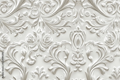 Seamless silver intricate white floral and leaf pattern embossed on a textured surface, creating a classic and elegant design.