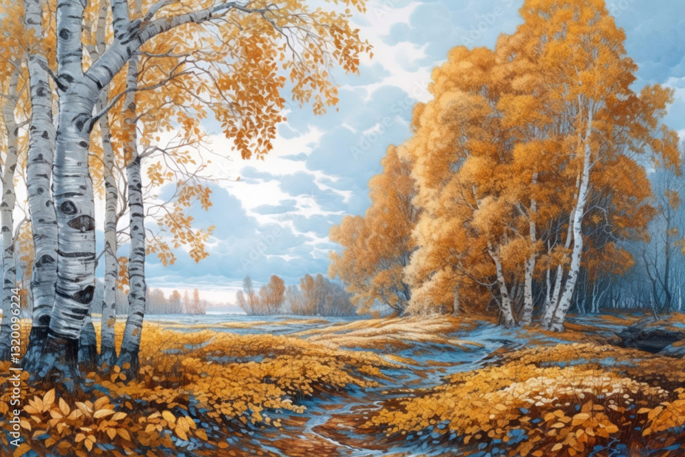birch grove in autumn. blue sky and yellow leaves., watercolor style, Generative AI birch grove in autumn. blue sky and yellow leaves., watercolor style, Generative AI