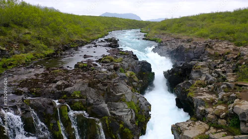 Bird's eye view of the lower waterfalls in the course of the Bruara river, Iceland. Bird's eye view of the lower waterfalls in the course of the Bruara river, Iceland.