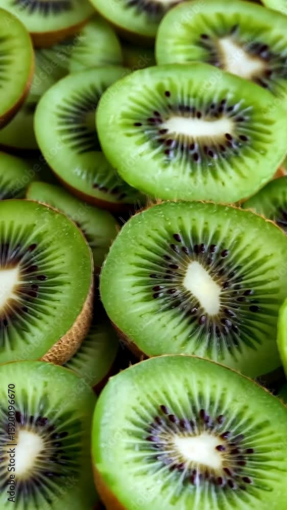 Freshly sliced kiwi showcasing vibrant green interior and distinctive seeds in a close-up view Freshly sliced kiwi showcasing vibrant green interior and distinctive seeds in a close-up view