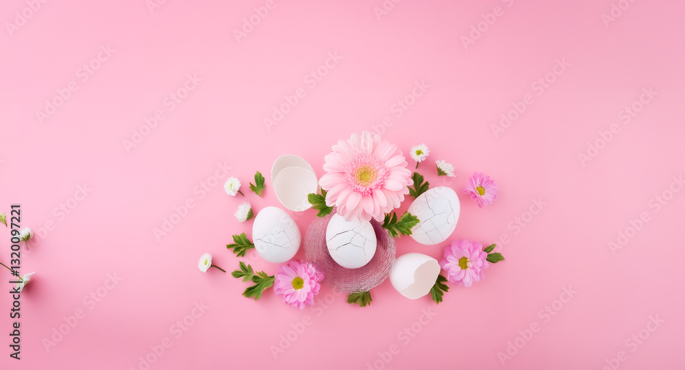 Fototapeta premium Pink flowers and white eggs are arranged with green leaves on a soft pink backdrop, creating a delicate spring or Easter themed composition.