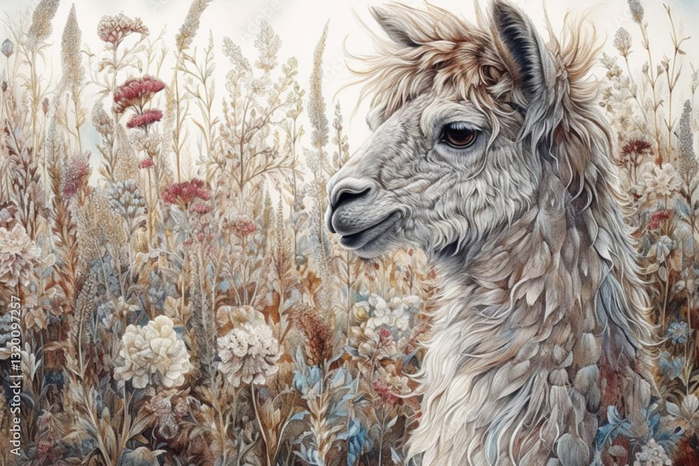 Fototapeta premium Llama among the grass, watercolor style, Generative AI
