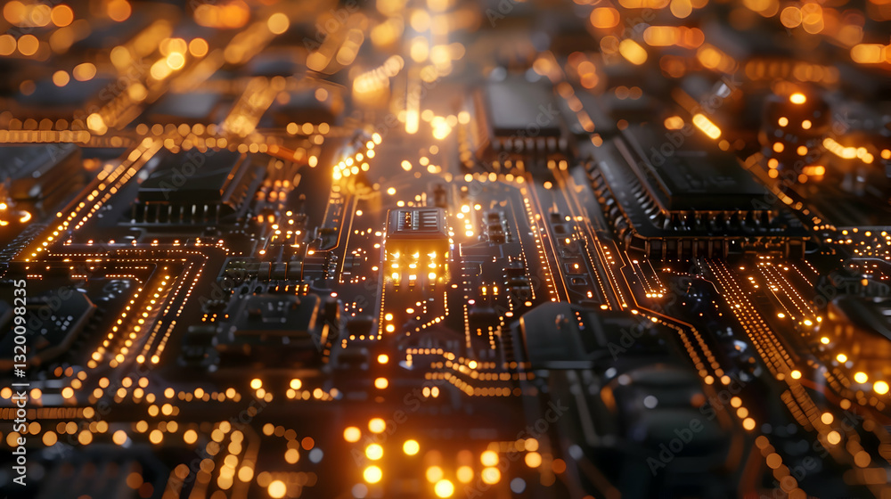 Obraz premium Illuminated Electronic Circuit Board with Microchips and Electrical Components in Warm Tones Futuristic High Tech Background