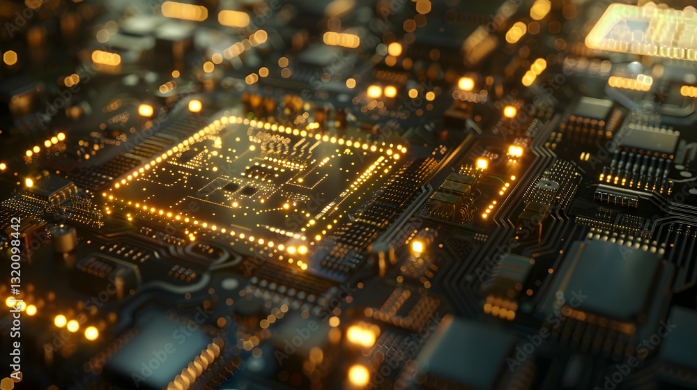 Illuminated Motherboard Close Up with Golden Lights and Circuitry Details Represents Advanced Computing and System Engineering with Electronic Components Illuminated Motherboard Close Up with Golden Lights and Circuitry Details Represents Advanced Computing and System Engineering with Electronic Components