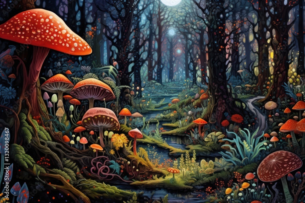 Fototapeta premium A mystical and magical forest scene with numerous colorful mushrooms