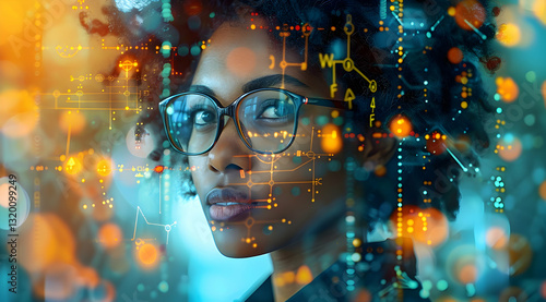 Attractive African American Woman in Glasses Overlayed with Digital Circuitry Pattern in Warm and Cool Bokeh Background