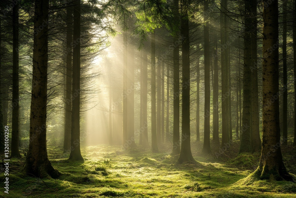 Obraz premium Serene Forest with Sunlight Filtering Through Lush Green Trees