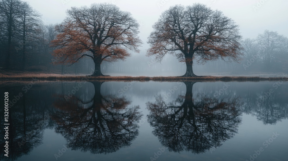 Two Trees Reflecting in Calm Water During a Foggy Day Two Trees Reflecting in Calm Water During a Foggy Day