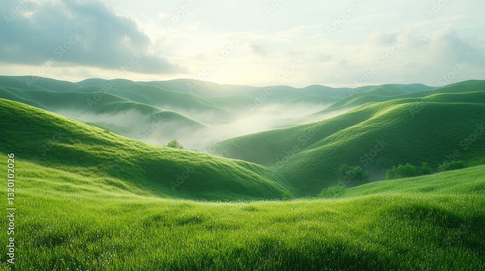 Fototapeta premium Serene Rolling Hills Landscape Under a Misty Sky