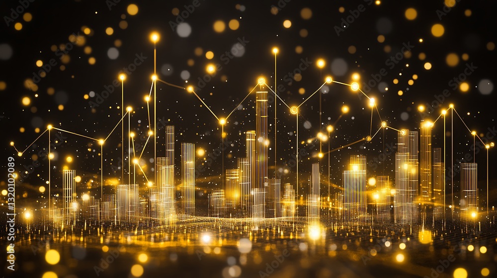 Fototapeta premium Golden urban city visualization with connecting lines and bokeh effects