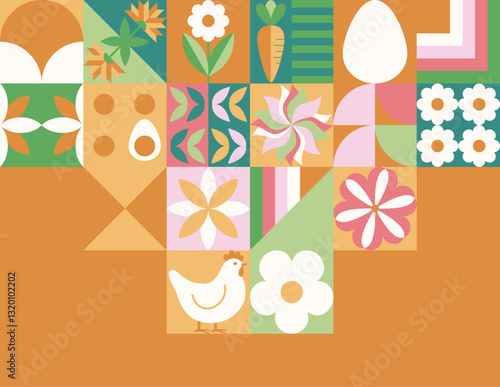 Wielkanocna pocztówka z mozaiką z świątecznymi symbolami. Wiosenny geometryczny wzór z królikiem, jajkami i kwiatami.
