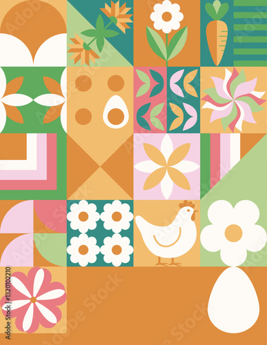 Wielkanocna pocztówka z mozaiką z świątecznymi symbolami. Wiosenny geometryczny wzór z królikiem, jajkami i kwiatami.