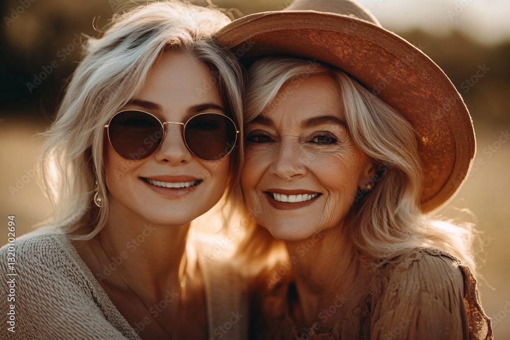 A photorealistic close-up of two women embracing under warm sunlight, perfect for Mother's Day cards, family gatherings, and celebrations of love and connection. A photorealistic close-up of two women embracing under warm sunlight, perfect for Mother's Day cards, family gatherings, and celebrations of love and connection.