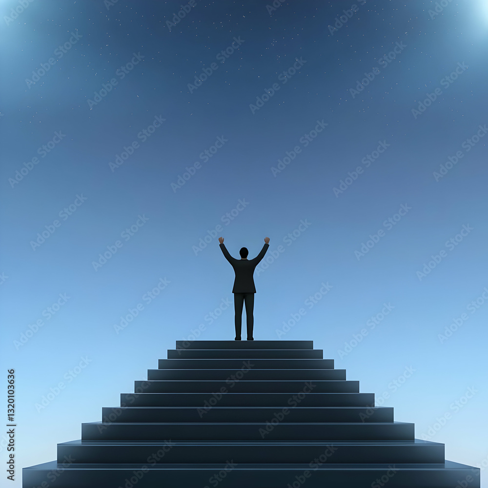 3D Render of Businessman Triumphantly Reaching the Top of a Staircase Under a Starry Sky 3D Render of Businessman Triumphantly Reaching the Top of a Staircase Under a Starry Sky