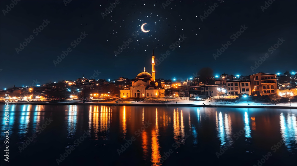 Night cityscape with illuminated mosque reflecting on calm waters under crescent moon and starry sky Night cityscape with illuminated mosque reflecting on calm waters under crescent moon and starry sky