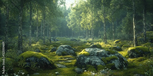 Enchanted Forest Path with Mossy Rocks and Sunlight