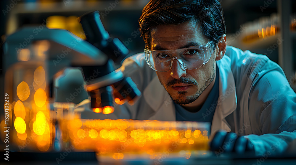 Man in Lab Coat Inspecting Orange Fluid Samples With Microscope in a Laboratory With Warm Lighting and Focus on Scientific Discovery Man in Lab Coat Inspecting Orange Fluid Samples With Microscope in a Laboratory With Warm Lighting and Focus on Scientific Discovery