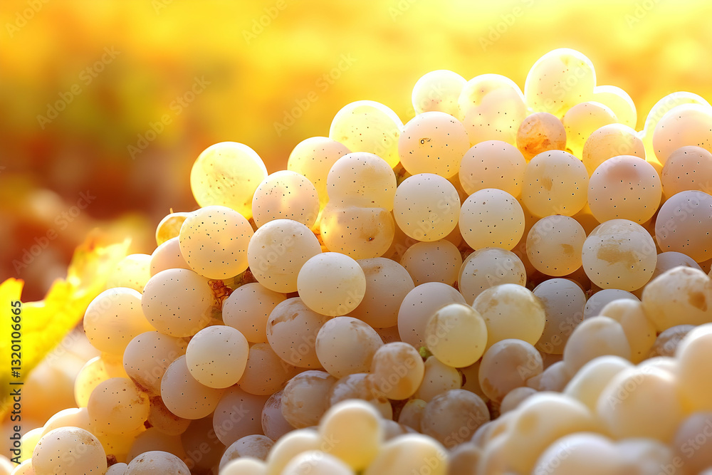 Close-up of a cluster of ripe, pale yellow grapes illuminated by warm sunlight, showcasing their translucent skins and subtle speckles, in a vibrant autumnal vineyard setting. Close-up of a cluster of ripe, pale yellow grapes illuminated by warm sunlight, showcasing their translucent skins and subtle speckles, in a vibrant autumnal vineyard setting.