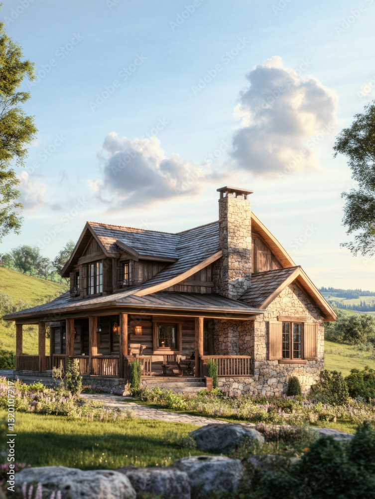 A rustic country house with a stone facade A rustic country house with a stone facade
