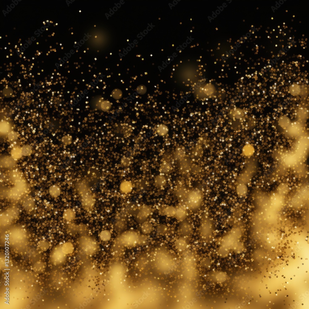 Fototapeta premium Golden glitter explosion, dark background, celebratory design