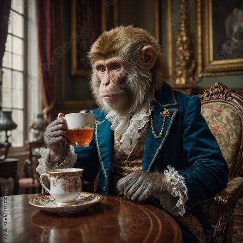 A monkey in Victorian-era clothing, sipping tea in an elegant parlor