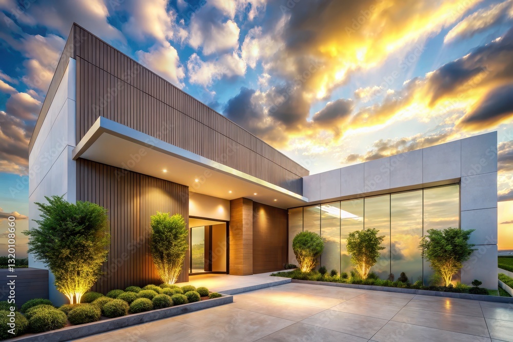 Fototapeta premium Modern Architectural Design Luxurious Residence at Sunset with Warm Lighting and Landscaped Courtyard