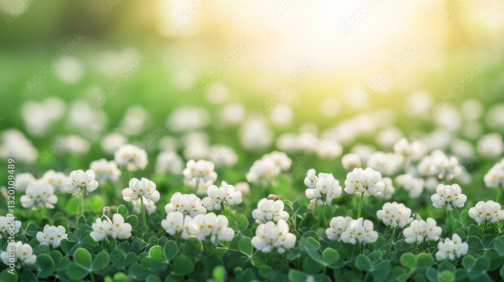 Clover Field in Sunlight: A vibrant close-up view of a field carpeted with blooming clover, bathed in the warm, golden light of the sun, creating a sense of serenity and natural beauty. Clover Field in Sunlight: A vibrant close-up view of a field carpeted with blooming clover, bathed in the warm, golden light of the sun, creating a sense of serenity and natural beauty.
