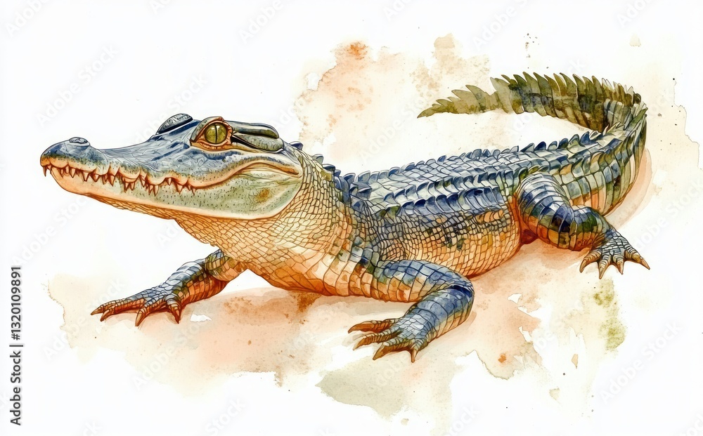 Obraz premium Watercolor Crocodile Painting Realistic Style with Detailed Scales and Soft Earthy Tones on White Background